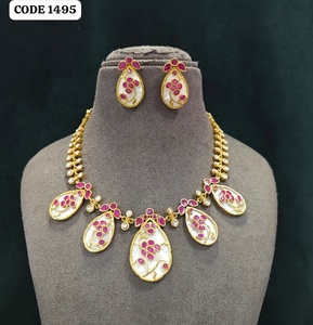 Luxury Gold Finish Mother of Pearl <b>Statement</b> <b>Necklace</b> Set with Multicolor Gemstone Accents Designer Wedding Party Bridal Fashion - Product Image 3