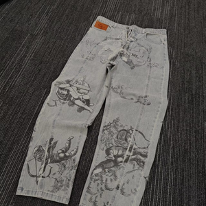 Jean baggy vintage coupe droite noir et blanc délavé à l'acide pour homme, motif ange imprimé surdimensionné, denim hip-hop hiver - Product Image 4