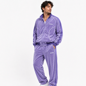 Conjunto Deportivo Personalizado de Forro Polar Morado, Cierre Completo, Cuello Alto, Unisex, Informal, para Otoño, Transpirable, Color Sólido, con Bolsillos Laterales - Product Image 2