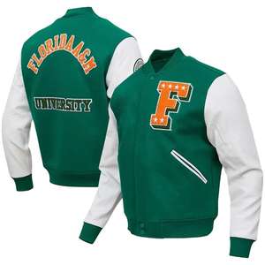 Chaqueta Varsity de Invierno Acolchada de Alta Calidad de la Universidad Florida A&M para Hombre y Mujer, Cuerpo de Lana, Mangas de Cuero, Bordado de Chenille - Product Image 1