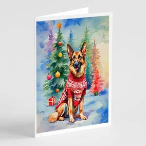 Whimsical A7 tamaño 5x7 pastor alemán tarjetas de felicitación de Navidad Paquete de 8 tarjetas de nota en blanco con sobres - Product Image 1