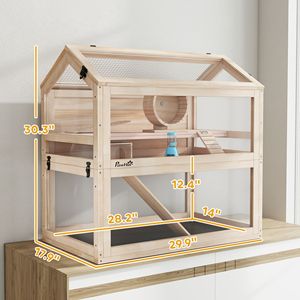 Gabbia per Criceti a 3 Piani in Legno con Casetta, Dondolo, Rampe, Ruota per Esercizi, Pannello in Acrilico e Vassoio Inferiore - Per Razze Medie e Grandi - Product Image 2