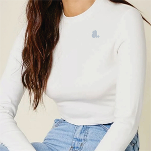 T-shirt en coton biologique 100% pour femme, blanc, à manches longues, coupe classique, col rond, tricoté, couleur unie, avec logo décoratif, été - Product Image 3