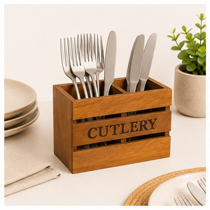 Wholesale Handcrafted Wooden Cutlery Holder 2-Compartment Rustic Silverware <b>Caddy</b> For Dining Table Eco-Friendly Wood Utensil - Product Image 6