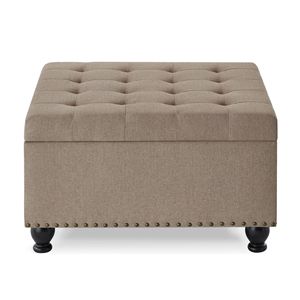Grande Pouf Quadrato in Lino Imbottito con Bottoni e Gambe in Legno per Salotto con Funzione di Contenitore - Product Image 3