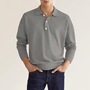 Polo de Punto de Manga Larga para Hombre, Color Sólido, Casual, con Botones, de Algodón, Corte Regular, Diseño Antipilling - Product Image 2