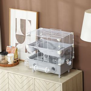 Jaula de 2 niveles para hámsteres enanos con baño de arena, rueda de ejercicio y accesorios de tubos para bebedero para hámsteres grises - Product Image 6