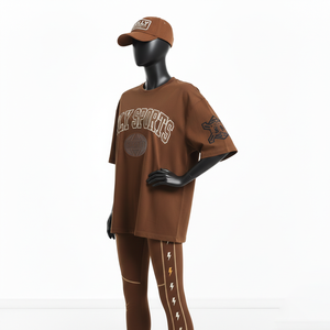 Camiseta holgada de algodón suave de 200 GSM y leggings elásticos de spandex grises con estampado DTF de águila, conjunto personalizado para mujer, conjuntos de mujer - Product Image 5