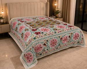 Luxury Handmade Kantha Suzani Queen/<b>King</b> <b>Size</b> Geometric Design Cotton <b>Bed</b> <b>Sheets</b> Hotel Use Wedding Gift - Product Image 1