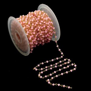 Chaîne de chapelet en quartz rose hydrofatté, perles rondes facettées de 3 mm, fil plaqué or, pour la fabrication de bijoux - Product Image 3