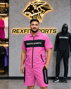 REXFIT SPORTS 2026 Conjunto Deportivo de Verano para Hombre en Nailon Rosa, Camiseta de Manga Corta con Cierre Completo y Pantalones Cortos, Ropa Deportiva Personalizada, Conjunto Ligero de Nailon - Product Image 5