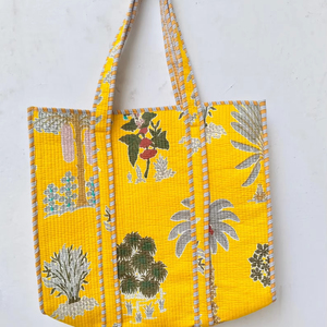 Sac fourre-tout en coton Kantha matelassé jaune de qualité supérieure avec fermeture éclair, style bohème, sac à bandoulière pour femmes - Product Image 1