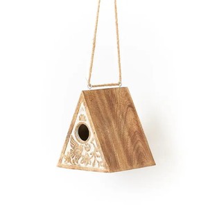 Handcrafted Mango Wood Birdhouse with Carved Roof - Wholesale <b>Garden</b> Decor - Product Image 2