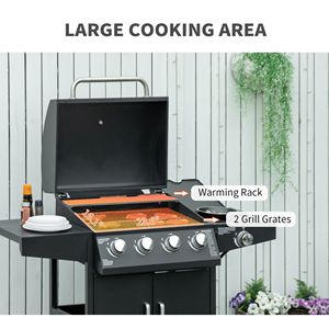 Barbecue a Gas Propano da Esterno 52 Pollici con 4+1 Bruciatori, Carrello in Acciaio Nero, Bruciatore Laterale, Griglia Riscaldante, Accensione Automatica, Alimentazione a Carbone - Product Image 4