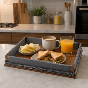 Luxury Wooden Serving Tray with Metal Frame Rectangular Decorative Organizer Tray for Home Hotel Restaurant <b>Coffee</b> <b>Table</b> Display - Product Image 2