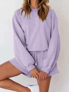 Hot Sale Women's Two Piece Sweatshirt Shorts <b>Set</b> Crew Neck Long Sleeve Loose Fit Casual Wear Solid Color Comfortable Outfit - Product Image 3