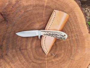 Drop Point Hunting Knife Stainless Steel Blade 0.6mm Antler Handle <b>Leather</b> Sheath Outdoor <b>Tool</b> - Product Image 4