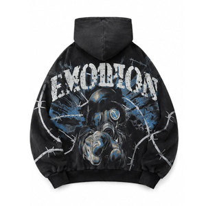 Sudadera con capucha y cremallera con estampado de máscara de gas Evolution para hombre, estilo oversize, streetwear, negra, de punto, para otoño - Product Image 3