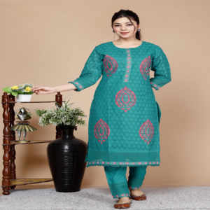 Ensemble Kurta décontracté NIYANI Emerald Noor Jaipuri en coton imprimé au bloc avec dupatta en mousseline – Magnifique ensemble ethnique trois pièces longueur midi - Product Image 4