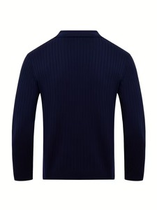 Polo de Manga Larga para Hombre, Cuello en V, Corte Ajustado, Sin Botones, Tejido Texturizado, Color Sólido, Estilo Casual - Product Image 6