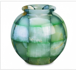 Jarrón Redondo de Ónix Verde Hecho a Mano - Maceta de Mármol con Patrón a Cuadros para Decoración de Hogar de Lujo y Centro de Mesa - Product Image 1