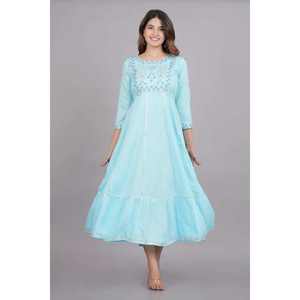 Robe décontractée ethnique bleu ciel pour femme, en coton brodé, coupe régulière, longueur midi, taille naturelle, respirante, prix usine - Product Image 4