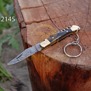 Couteau de poche pliant artisanal en acier Damas, mini couteau EDC porte-clés, manche en bois, outil personnalisé pour le camping et la chasse en extérieur, OEM, vente en gros - Product Image 4