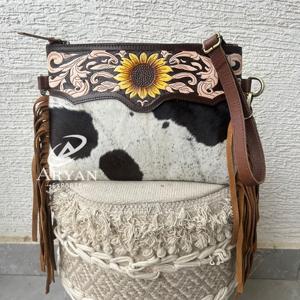 Hot Selling Premium Brown Tooled Leather Crossbody Fringe Bags New Hair on Fur Leather Sunflower Pattern Ladies Shoulder Bags - Product Image 1