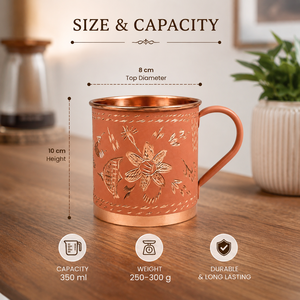 Taza de Café de Cobre Puro Hecha a Mano, 350 ml, Diseño Floral Martillado, Taza para Agua, Taza Ayurvédica para Beber, Taza para Té y Café, Regalo Hecho a Mano - Product Image 5