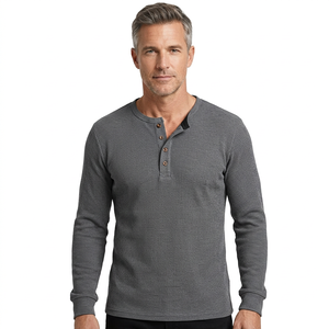 T-shirt Henley à manches longues pour homme, coupe classique, gris uni, tricoté, 100% coton, décontracté, respirant, col rond, séchage rapide - Product Image 5