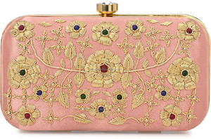 Pochette de créateur indienne brodée rose sac à main floral doré avec chaîne personnalisable OEM sac à main de soirée pour femmes pour mariages - Product Image 2