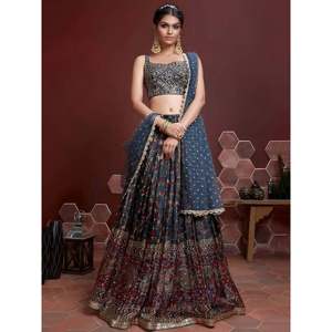 <b>Plus</b> <b>Size</b> Blue Printed Silk Lehenga Choli for Engagement Wear - Product Image 1