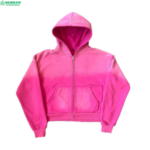 Sweat à capuche zippé pour homme de qualité supérieure, logo personnalisé, 350 GSM, avec strass et effet délavé à l'acide, coupe courte - Product Image 5