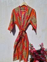 Robe en tricot de luxe pour femme à imprimé floral, col en V, cordon de serrage, manches 3/4, longueur cheville, 100 % coton 220g, respirante pour l'été