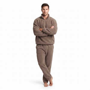 Men Warm Winter Wear <b>Sherpa</b> Fleece Tracksuit Custom Embroidered Logo Stand Collar Quarter Zip Relaxed Fit <b>Hoodie</b> Jogger Set - Product Image 4
