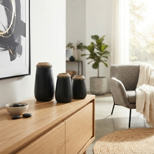 Juego de Jarrones Decorativos Negros con Borde Tejido, Arte Moderno, Estilo Antiguo del Suroeste, Hechos a Mano con Mimbre, Ratán y Madera, Decoración para Montar en la Pared - Product Image 4