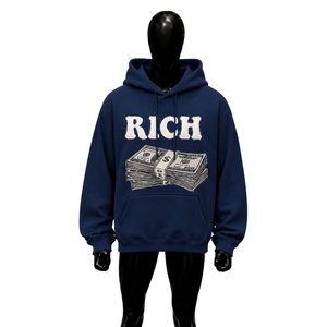 Sweat-shirt à capuche surdimensionné bleu marine personnalisé avec imprimé graphique Rich Letter Money Stack, style streetwear pour hommes, vente en gros - Product Image 1