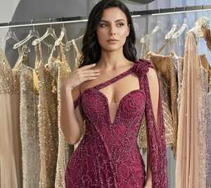 Burgundy Wine <b>Red</b> Beaded Maxi Evening Gown One Shoulder Strap 3D Rose Applique Deep V Neckline High Slit Fitted Mermaid Satin - Product Image 2