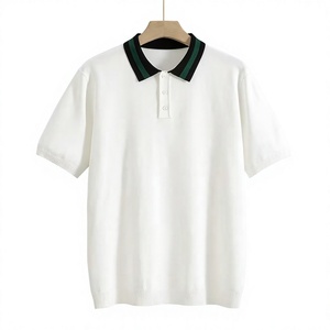 Men's Short Sleeve Solid Color Jersey Knitted Breathable Casual Regular Fit for Shirt Black/Green Collar Design - Product Image 1