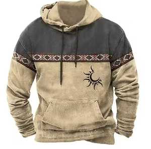 Sweat-shirt à capuche en molleton pour homme, imprimé soleil géométrique, décontracté, pour l'hiver, coupe classique, 100 % coton tricoté respirant, numérique - Product Image 6