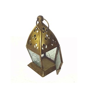 Gold Antique Finish Metal Moroccan Tall Rectangular <b>Candle</b> Lantern Perforated Roof <b>Arch</b> Cutout Frame Glass Panes Top Hook Finial - Product Image 2
