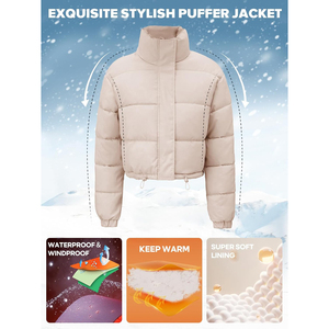 Women's Cropped Puffer Jacket Solid Color Stand Collar Zipper Closure Full <b>Sleeve</b> Winter Warm Outerwear Wholesale Puffer Jacket - Product Image 6