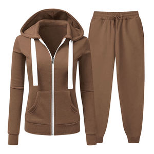Conjunto de sudadera con capucha y pantalones deportivos para mujer, color marrón, informal, de punto, de manga larga, para otoño - Product Image 1