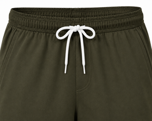 Shorts décontractés pour hommes en nylon/acrylique tricoté vert olive de haute qualité avec cordon de serrage, logo frontal, taille haute, couleur unie, respirants - Product Image 2