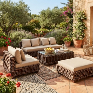 Outdoor <b>Rattan</b> Woven <b>Sofa</b> Set Mahogany Wood White Wash <b>Rattan</b> Furniture Glass Table Lounge Chair Ottoman Setup Art Design - Product Image 4