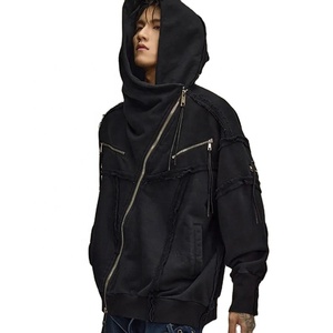 Sweats à capuche irréguliers pour hommes Patchwork Sweats à capuche à fermeture éclair diagonale Veste Burrs Distressed Zipper Coat Homme - Product Image 1