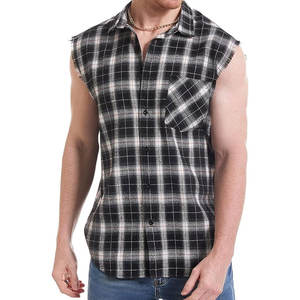 Camisa sin mangas a cuadros para hombre, camisa casual sin mangas con botones estilo vaquero y borde deshilachado - Product Image 5