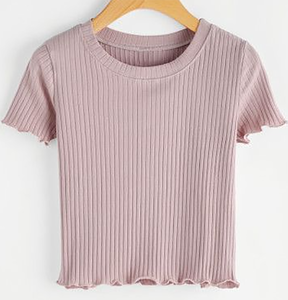 Top Corto Casual de Punto Acanalado Rosa para Mujer, 100% Algodón, Cuello Redondo, Manga Corta, Corte Regular, para Primavera/Verano - Product Image 2