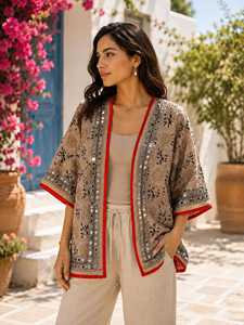 Chaqueta de algodón transpirable acolchada y bordada a mano estilo Phulkari india para mujer, abrigo reversible tipo bolero - Product Image 1