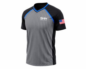 Camiseta de Árbitro Personalizada con Rayas Grises y Negras, Ribete Azul, Cuello en V, Manga Corta, Uniforme de Baloncesto para Oficiales - Product Image 1